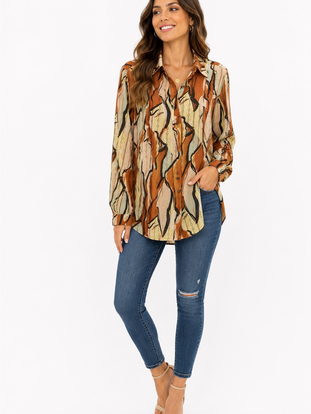 Galita Button-Down Blouse in Rust & Cream